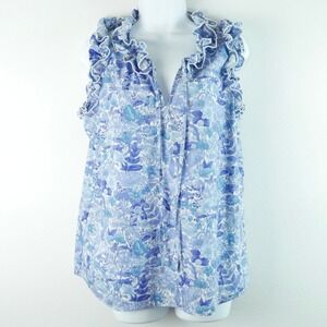 Sara Campbell Floral Ruffle Neck Sleeveless Cotton Blouse Medium Preppy Vacation